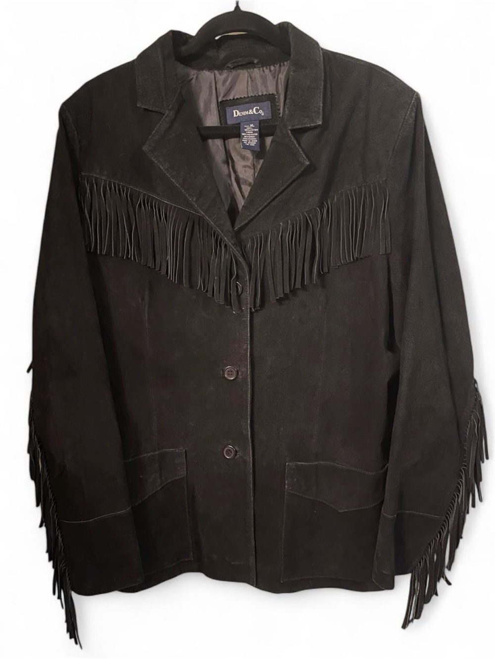 Vintage Denim & Co Black Suede Leather Fringe Western Jacket XL